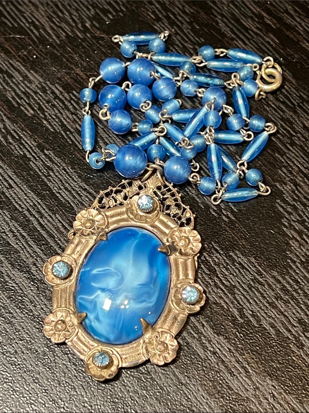 Antique Victorian Czechoslovakia Lapis Cobalt Blue Glass Silver Pendant Necklace